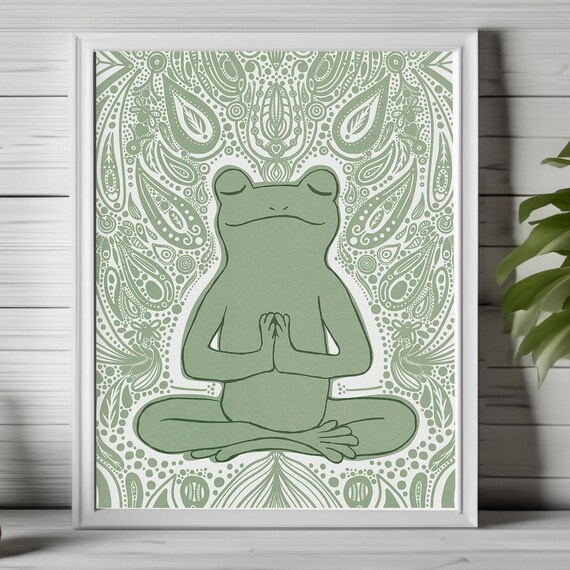 Peaceful Meditating Frog Sage Green Boho Paisley Zen Art Poster