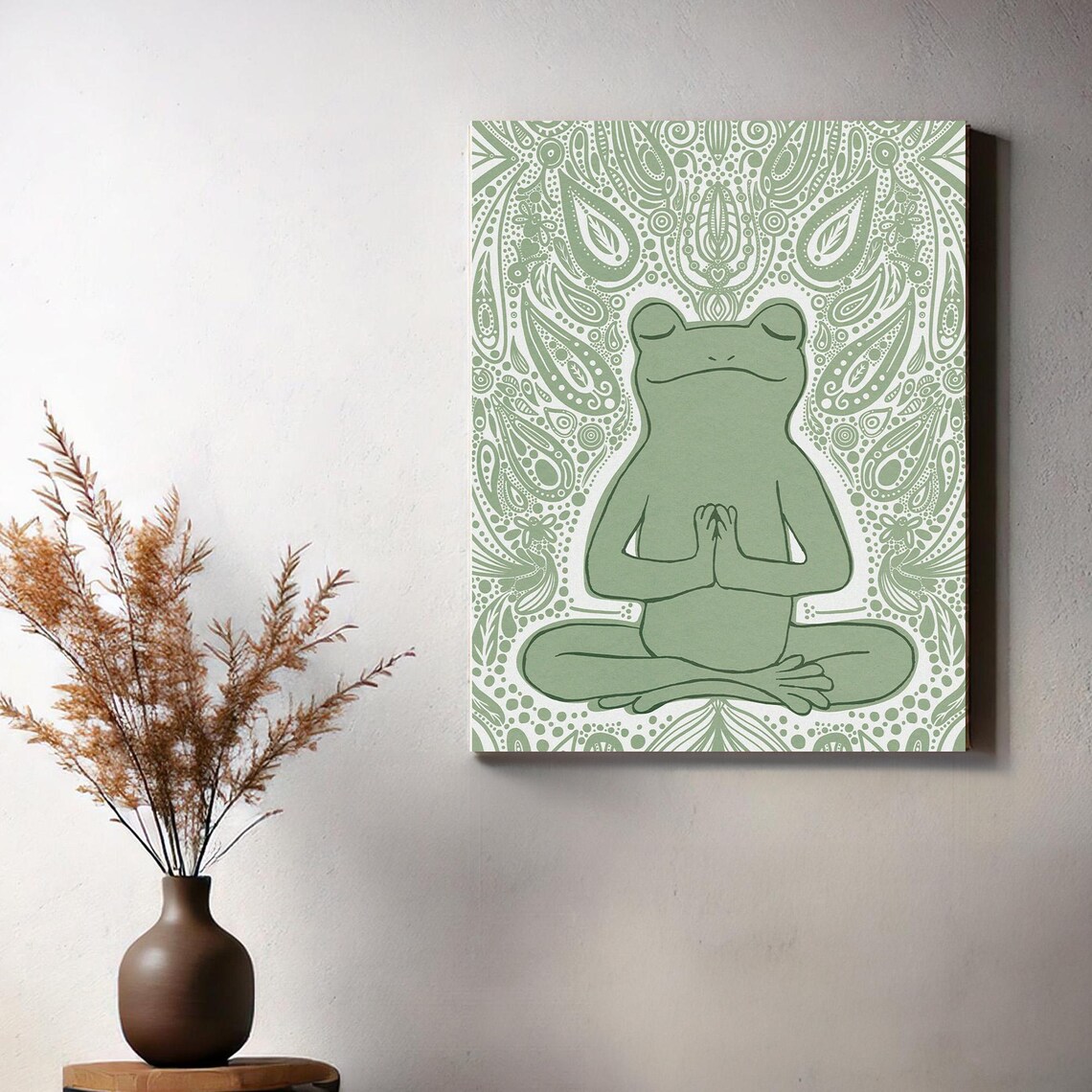Peaceful Meditating Frog Sage Green Boho Paisley Zen Art Poster - Image 3