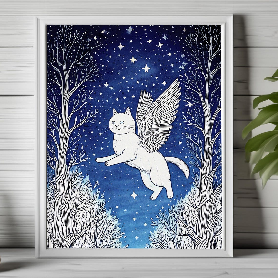 White Winged Cat Flying Through Starry Night Forest Fantasy Art Poster
