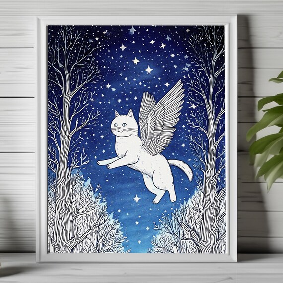 White Winged Cat Flying Through Starry Night Forest Fantasy Art Poster