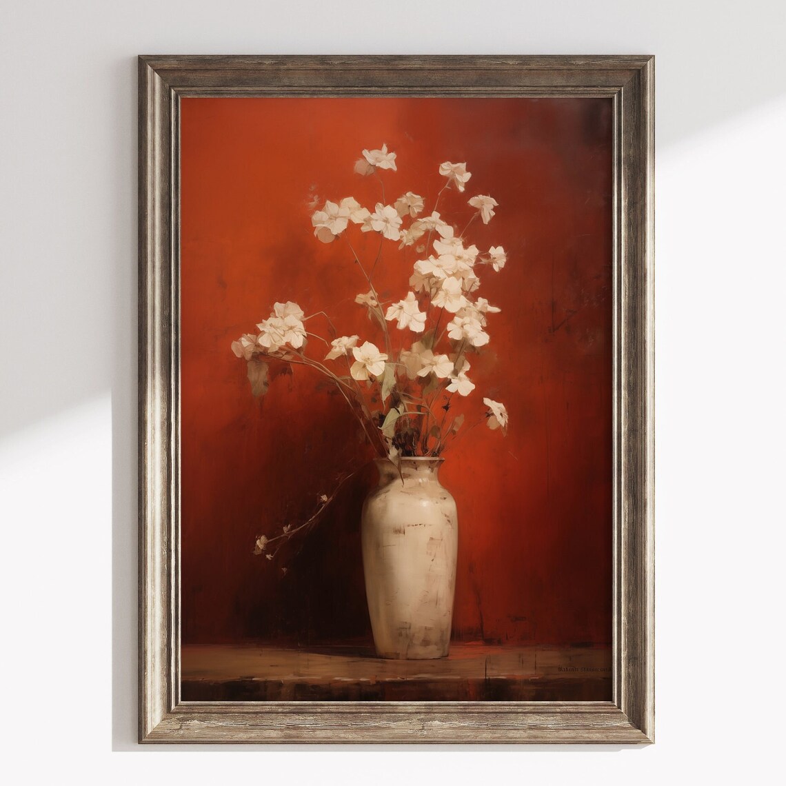 White Blossoms in Ceramic Vase Moody Burnt Orange Still Life Print