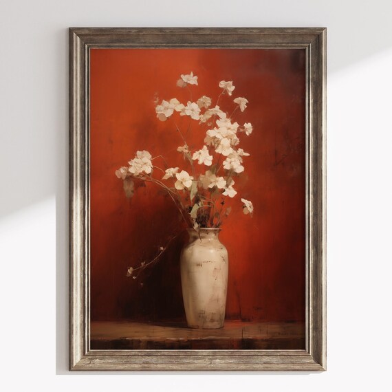 White Blossoms in Ceramic Vase Moody Burnt Orange Still Life Print