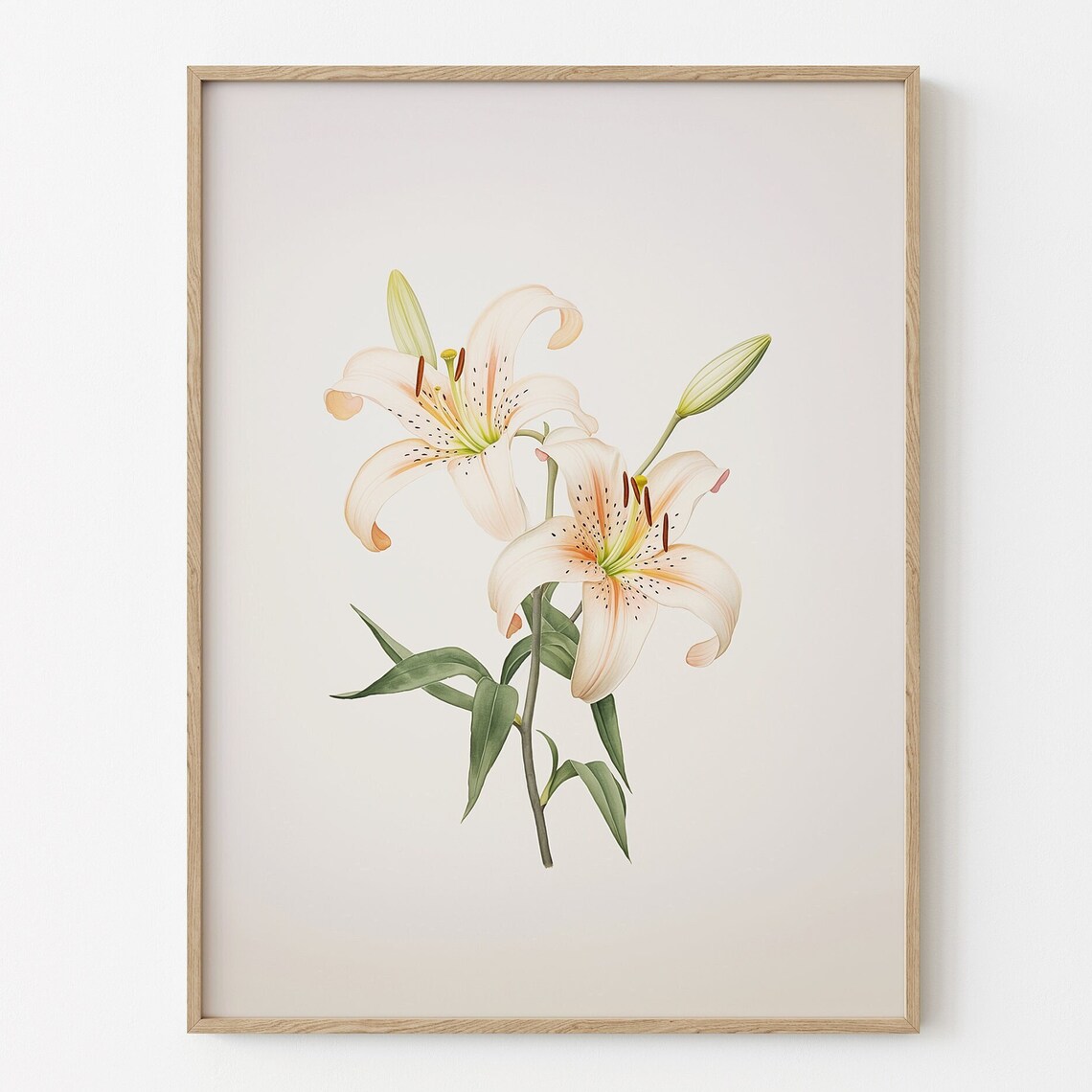 White Lily Blossoms Botanical Watercolor Spring Floral Wall Art