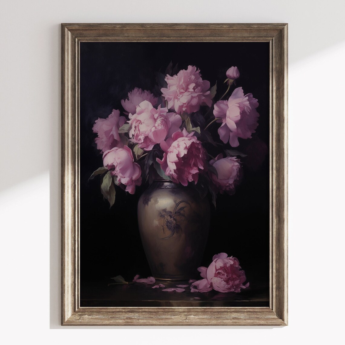Moody Pink Peony Flower Art Print, Dark Academia