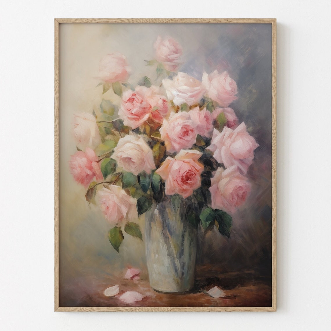Blush Pink Roses Bouquet Tall Vase Romantic Floral Painting Print