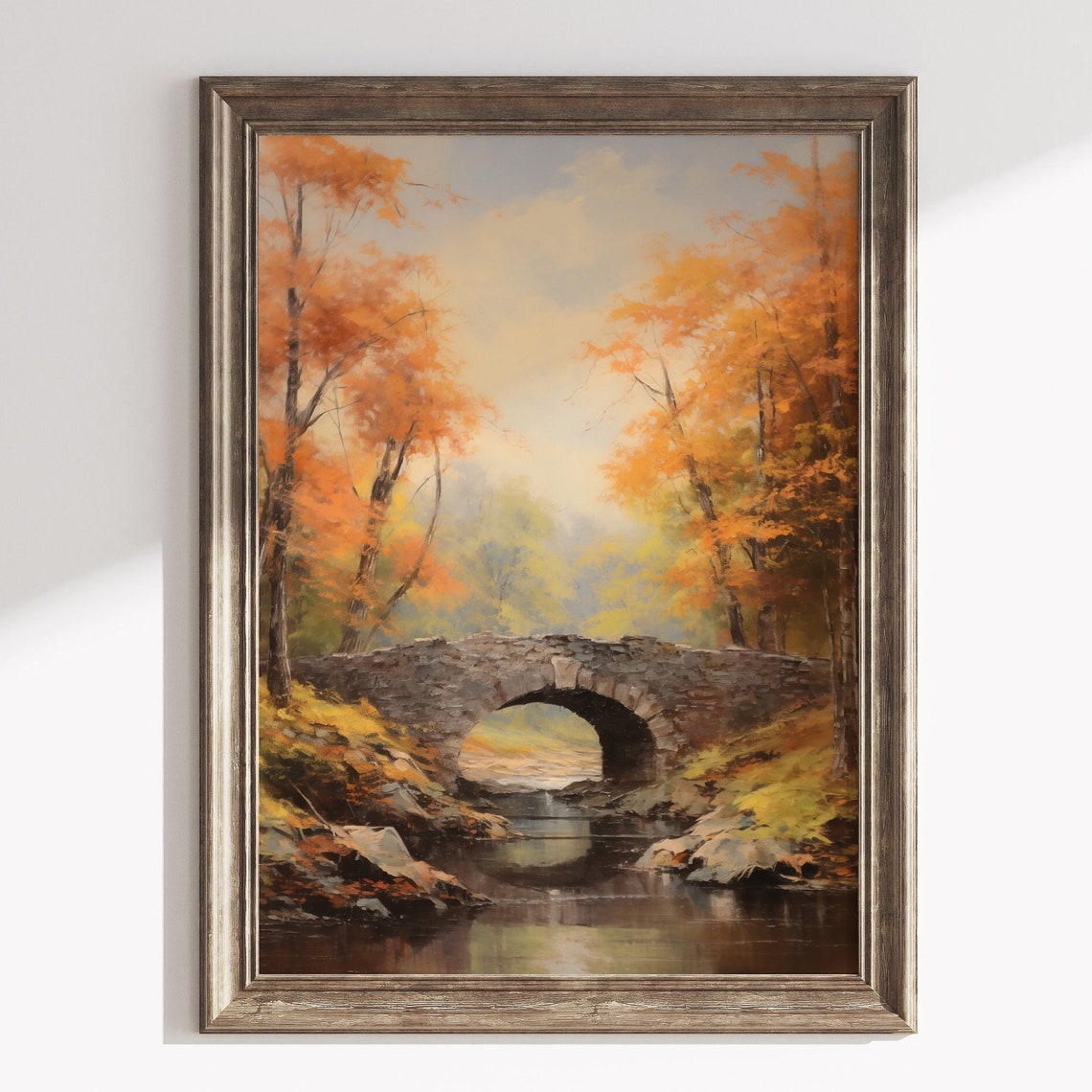 Rustic Stone Bridge Autumn Creek Vintage Fall Landscape Poster