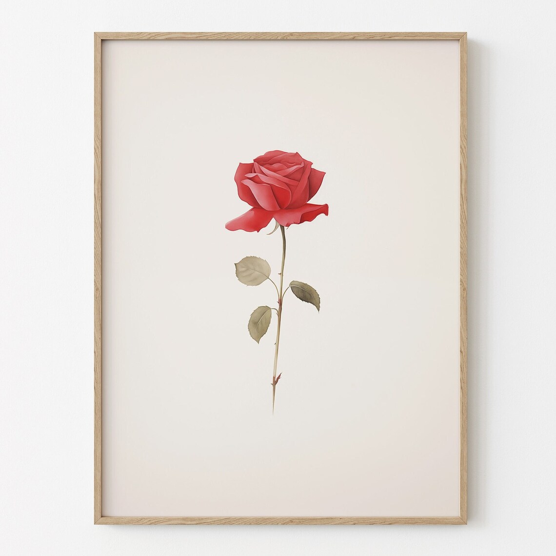 Red Rose Stem Minimalist Botanical Watercolor Valentines Wall Art