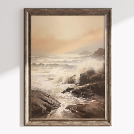 Moody Sunset Waves Crashing On Dark Rocky Coast Seascape Poster