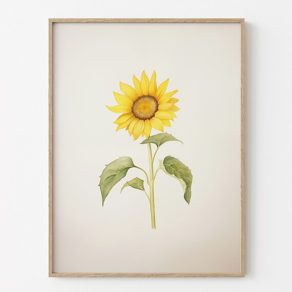 Yellow Sunflower Botanical Watercolor Minimalist Spring Wall Art