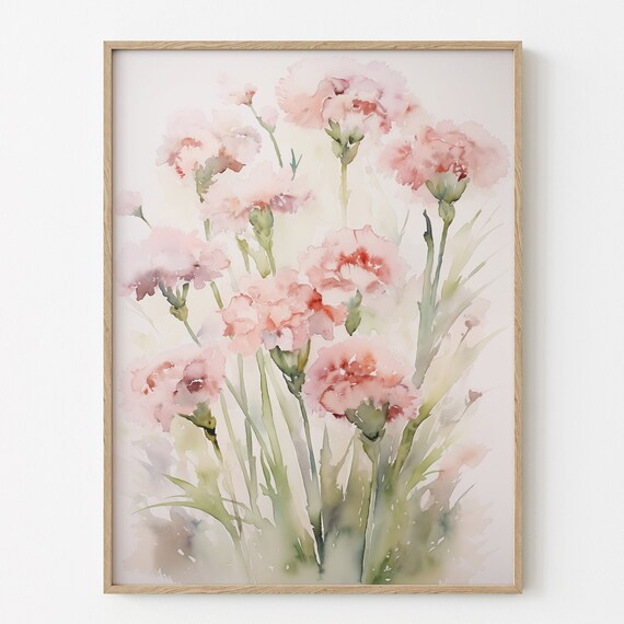 Soft Pink Carnation Watercolor Summer Botanical Flower Print