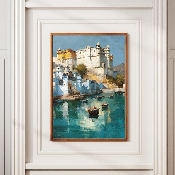 Rajasthani Udaipur City Palace Art Impressionist Painting Lake Pichola Print Travel Wall Decor