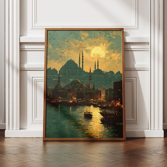 Istanbul Cityscape Art Impressionist Bosphorus Painting Ottoman Mosque Skyline Turkish Golden Hour Travel Print