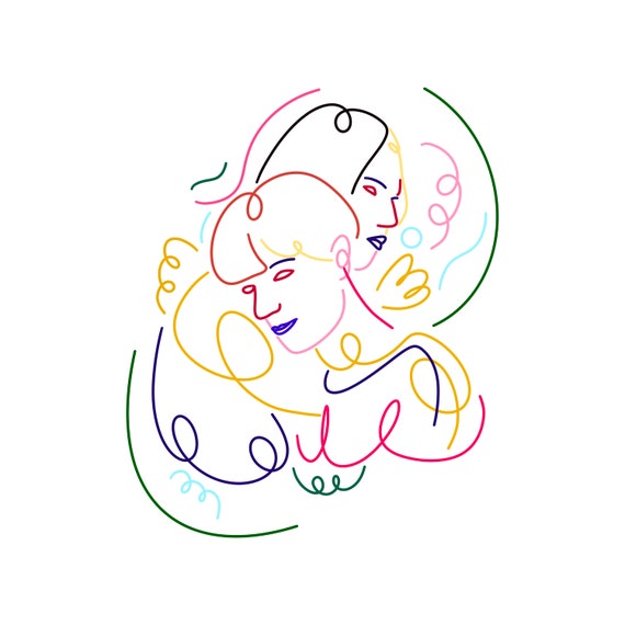 Colorful Couple One Line Drawing Rainbow Line Art Modern Romantic Portrait Poster