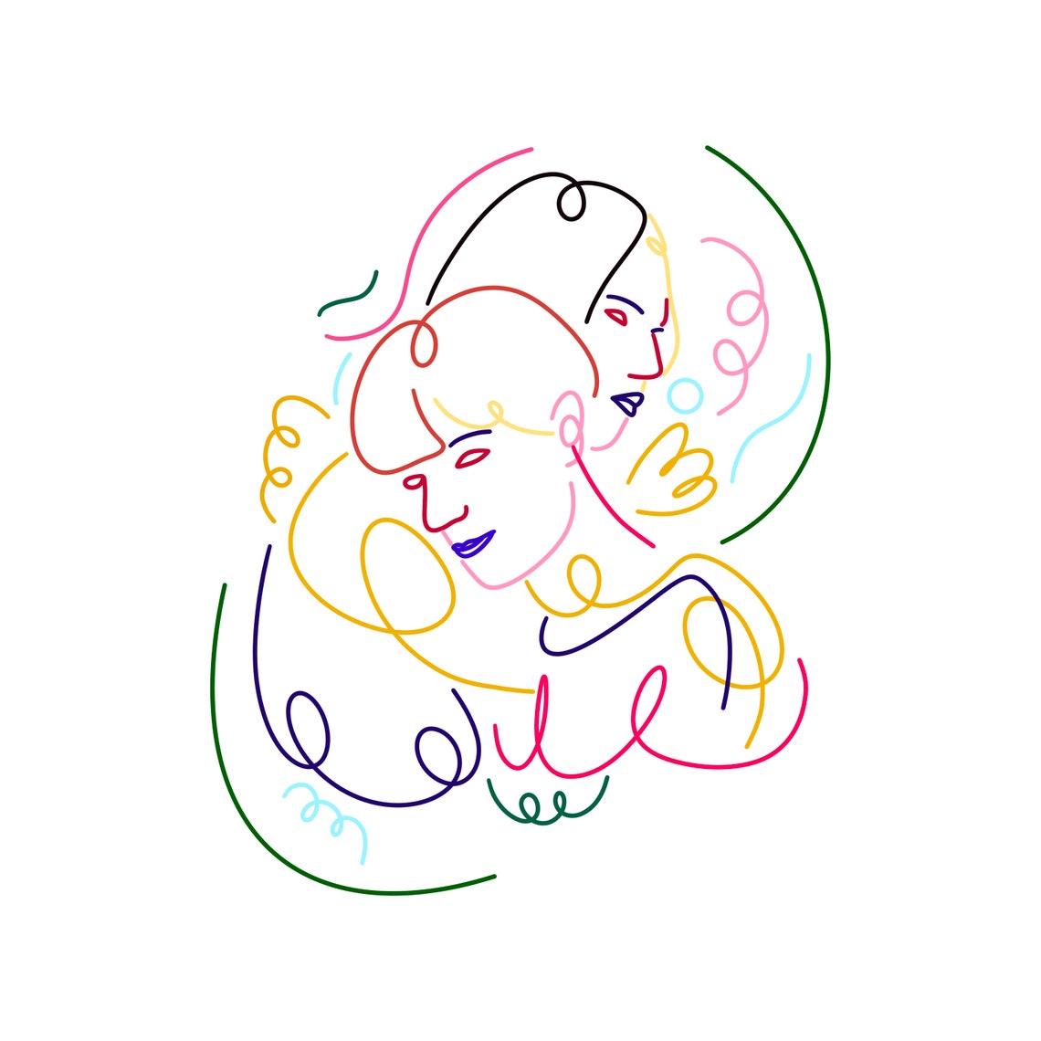 Colorful Couple One Line Drawing Rainbow Line Art Modern Romantic Portrait Poster