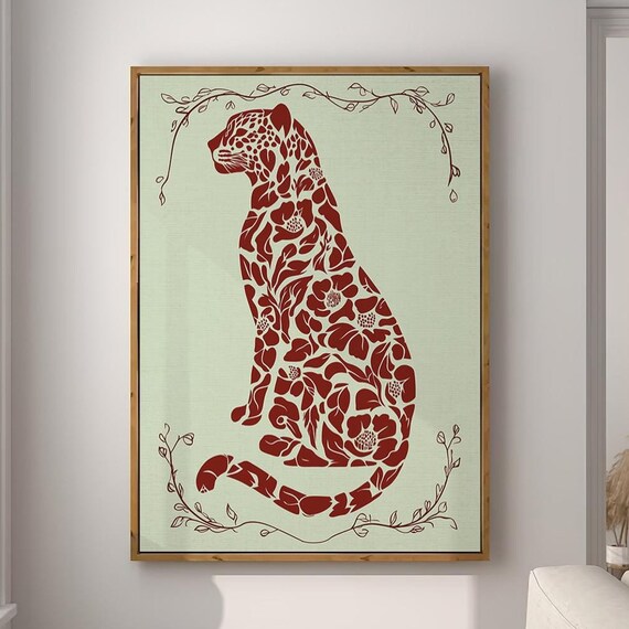 Red Floral Leopard Silhouette Botanical Cutout on Sage Poster