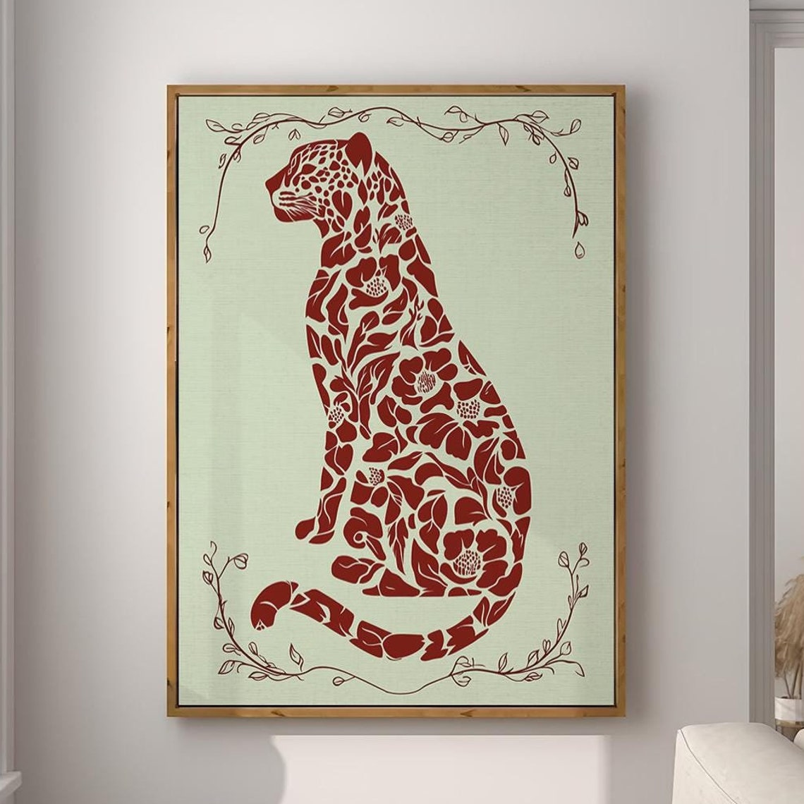 Red Floral Leopard Silhouette Botanical Cutout on Sage Poster