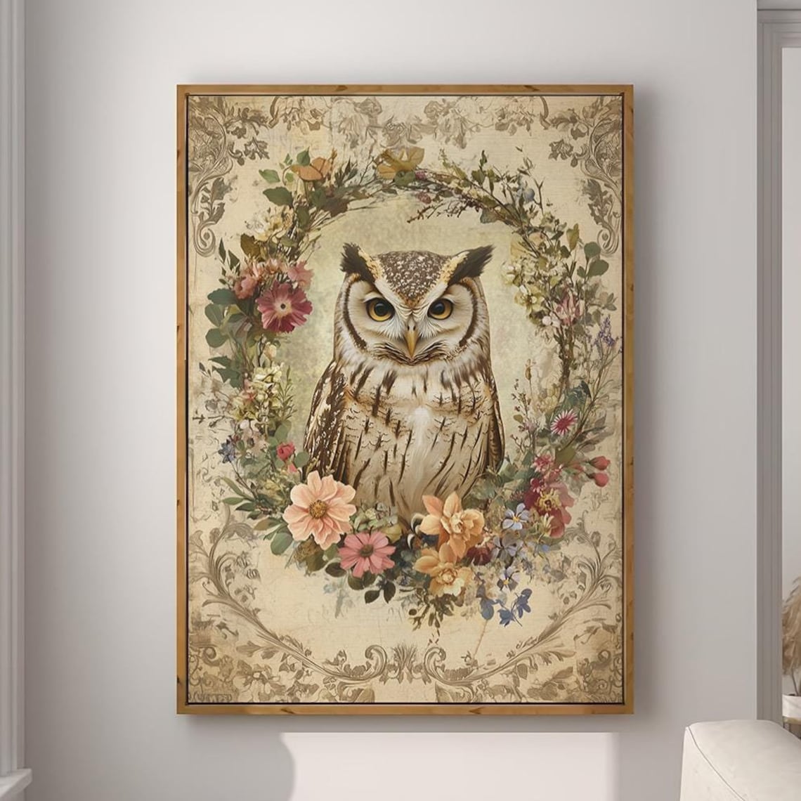 Vintage Owl Portrait In Floral Wreath On Aged Cream Paper Poster