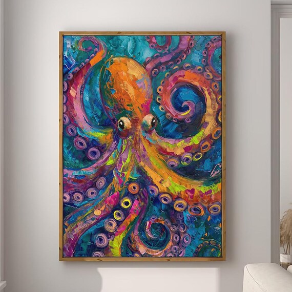 Octopus Rainbow Maximalist Eclectic Animal Portrait Print Funky Animal Poster Decor Colorful Altered Painting Large Wall Art 2608
