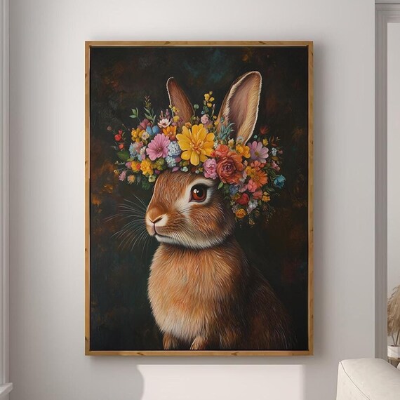 Brown Rabbit Wearing Bright Floral Crown Dark Portrait Poster