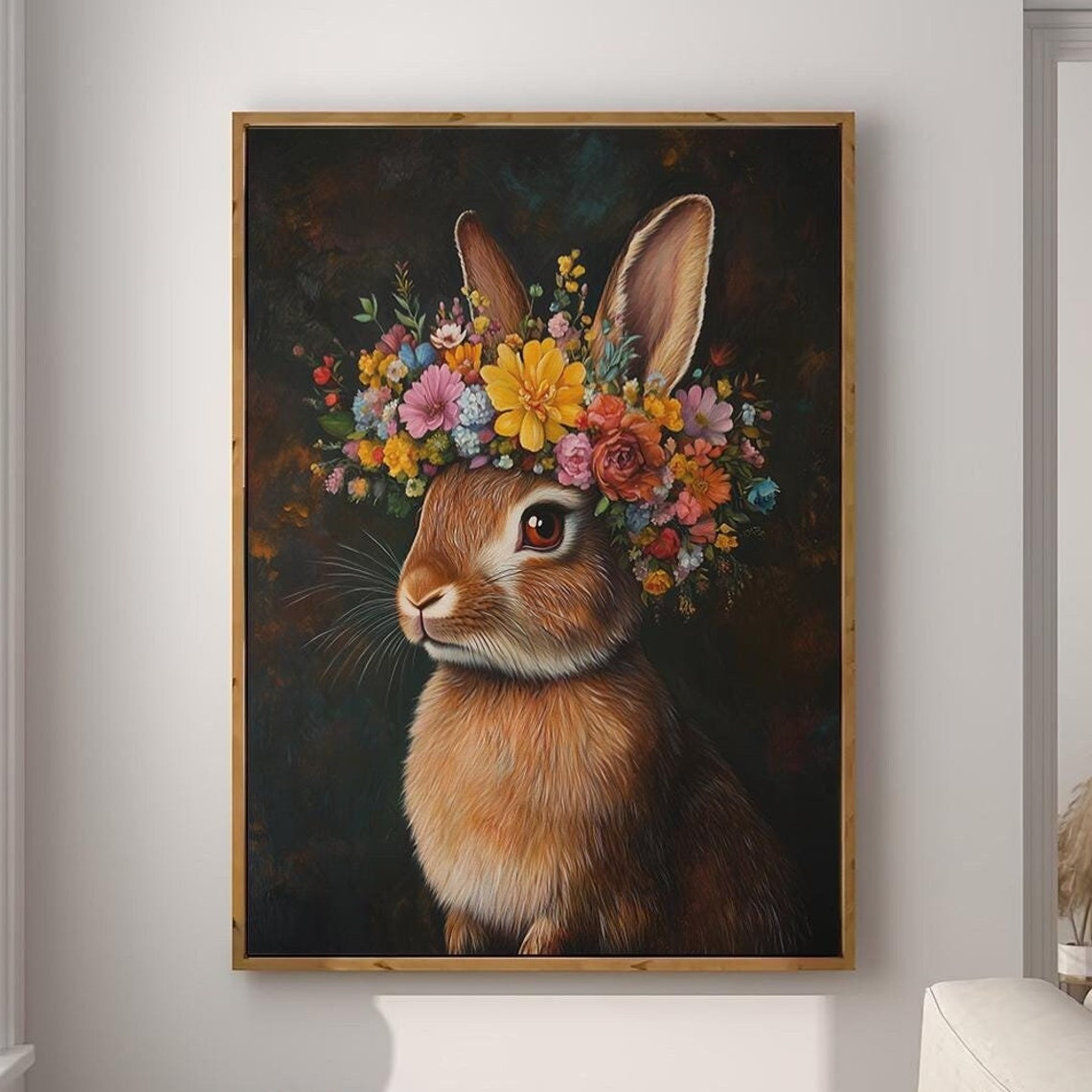Brown Rabbit Wearing Bright Floral Crown Dark Portrait Poster