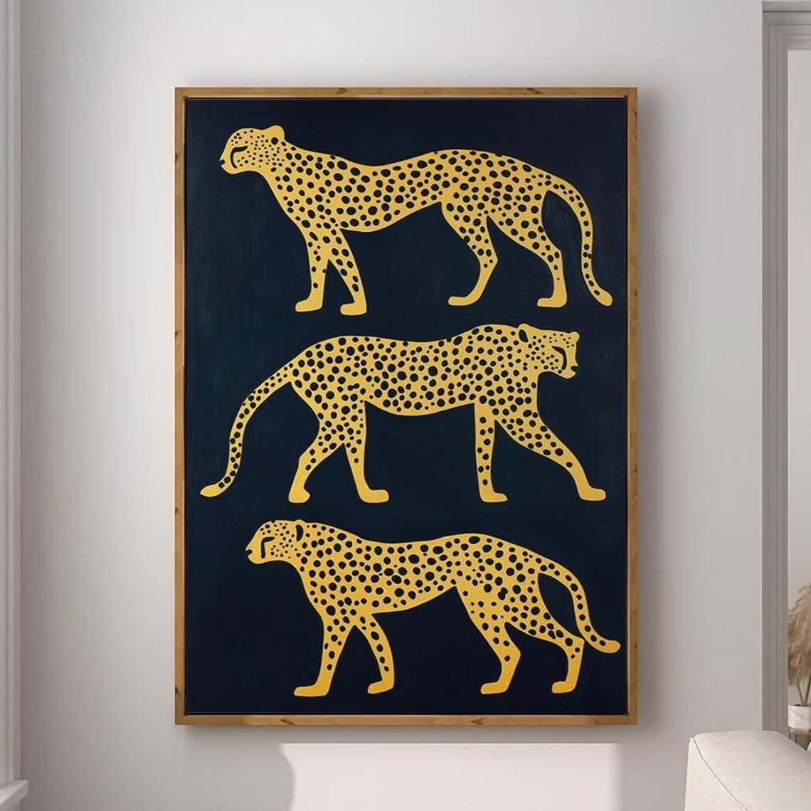 Three Gold Cheetahs Walking On Black Bold Safari Animal Poster - Image 5