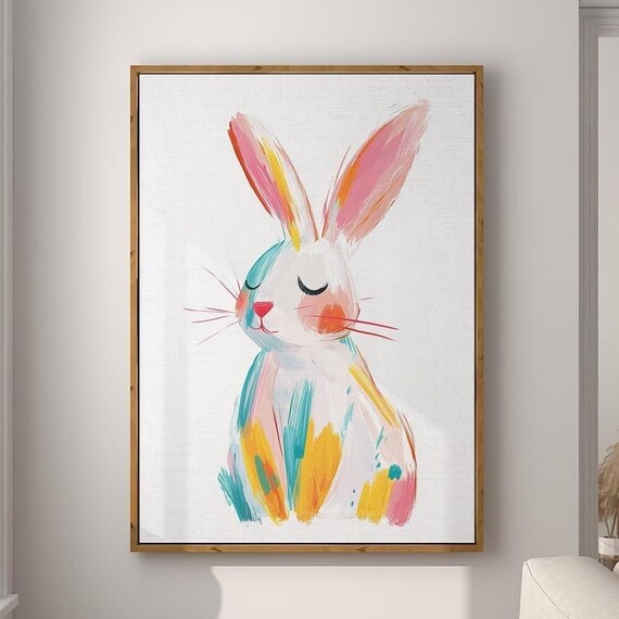 White Bunny Pastel Watercolor Sleeping Rabbit Nursery Wall Art