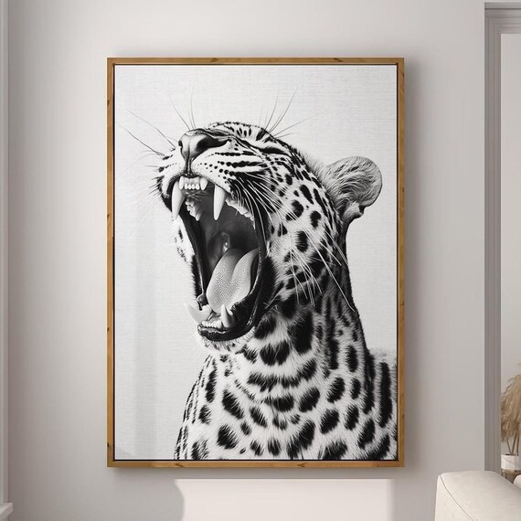 Roaring Leopard Black and White Wild Cat Photography Wall Art