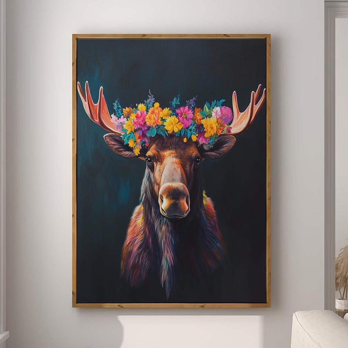 Moose With Colorful Flower Crown on Dark Teal Portrait Poster
