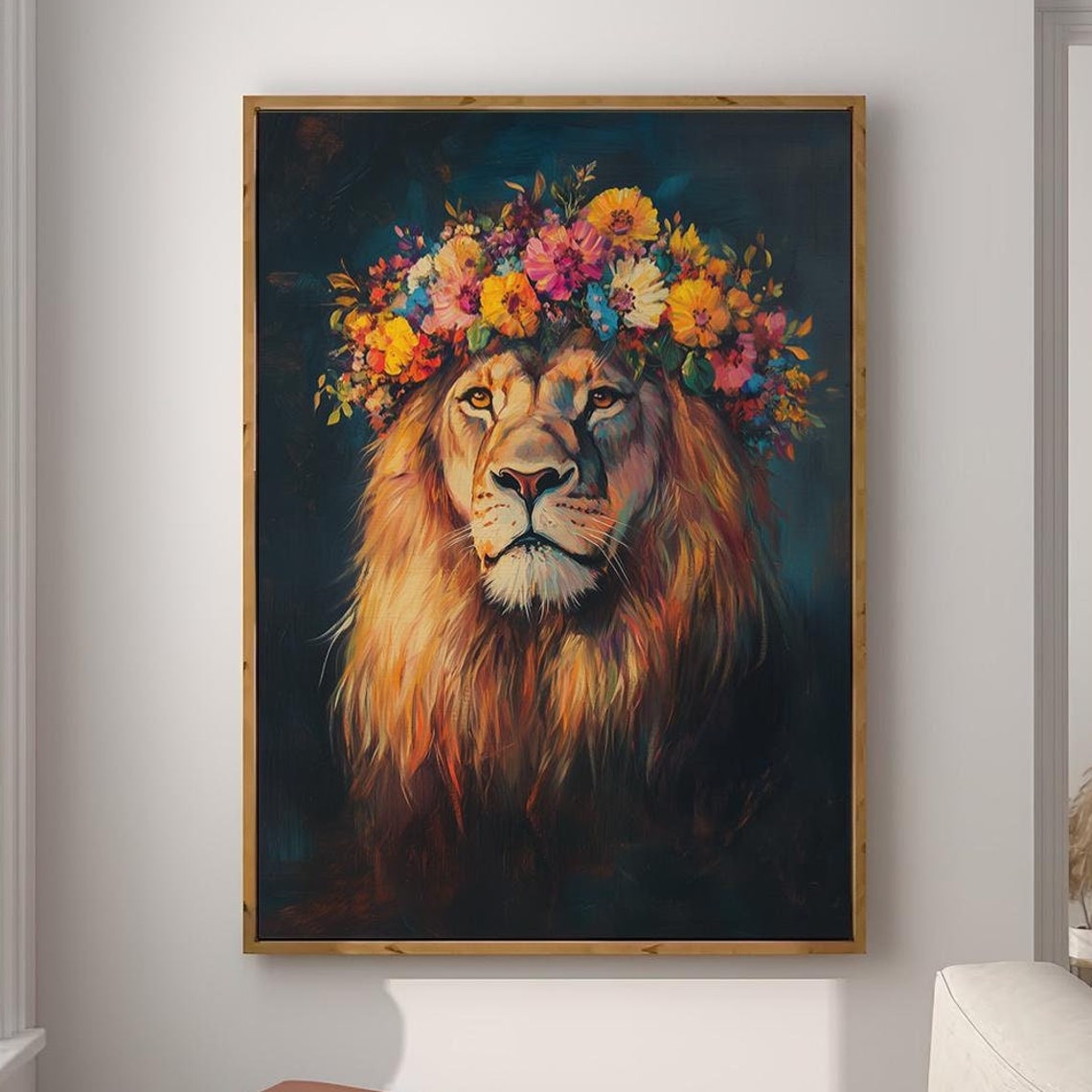 Lion Wearing Bright Floral Crown on Dark Background Art Poster