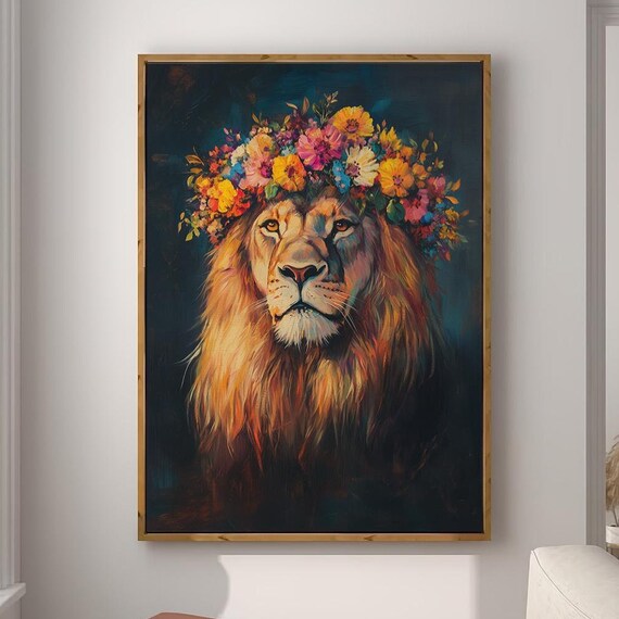 Lion Wearing Bright Floral Crown on Dark Background Art Poster