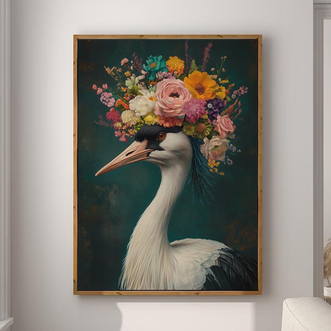 Graceful White Crane With Colorful Floral Crown on Deep Teal Poster