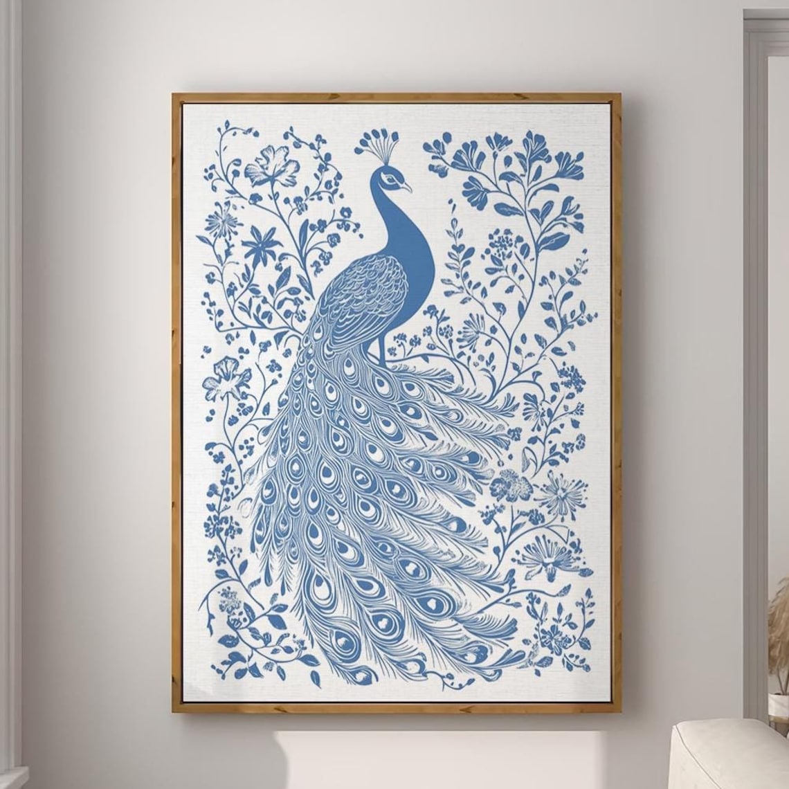 Peacock Chinoiserie Blue White Woodblock Floral Garden Poster