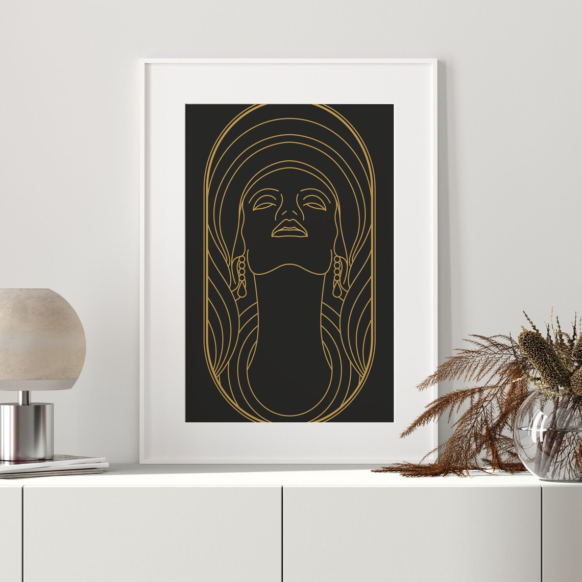 Golden Line Art Woman Portrait on Black Mucha Style Art Poster - Image 3