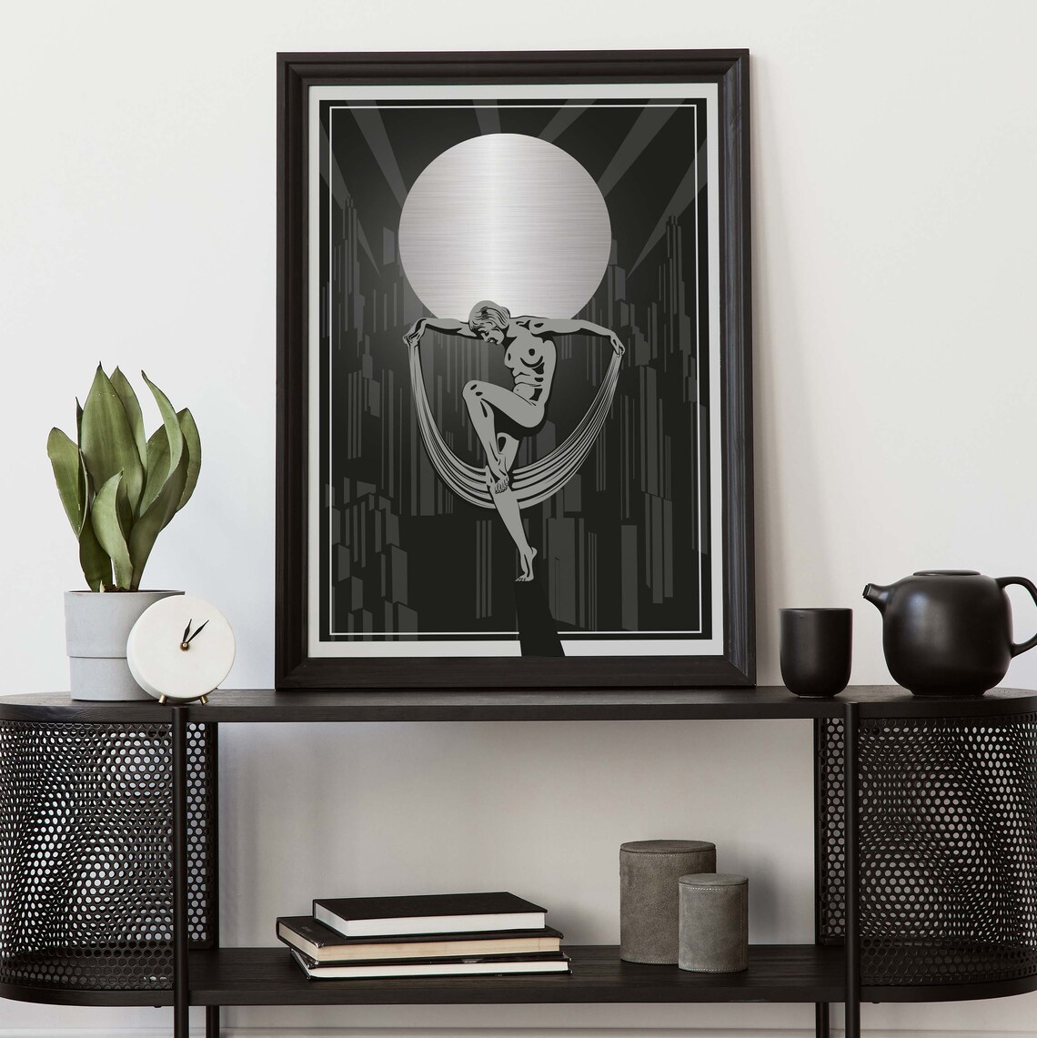 Art Deco Silver Dancer with Moon Over Monochrome City Poster - Image 4