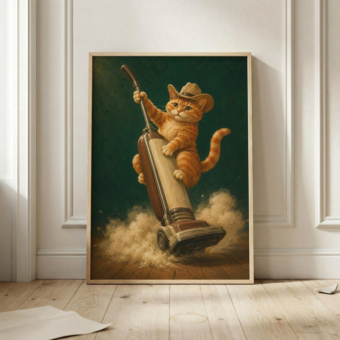 Orange Cat Cowboy Riding Vintage Vacuum Funny Western Cat Poster