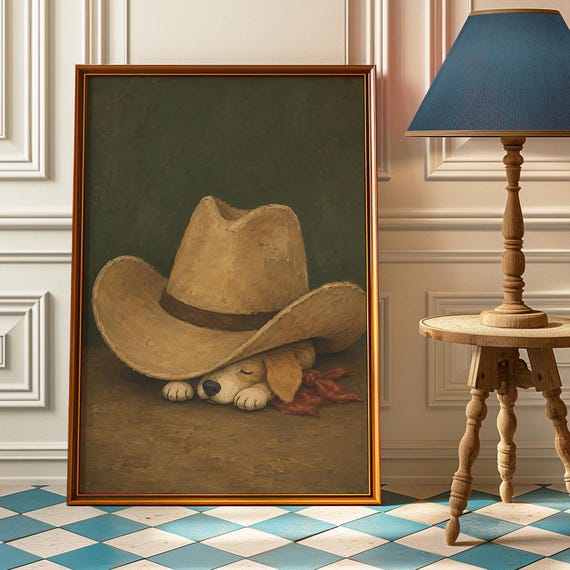 Sleeping Cowboy Puppy Wall Art Funny Vintage Dog Poster Whimsical Western Nursery Decor Quirky Country Gift