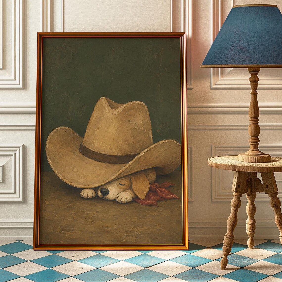 Sleeping Cowboy Puppy Under Hat Vintage Western Dog Art Poster