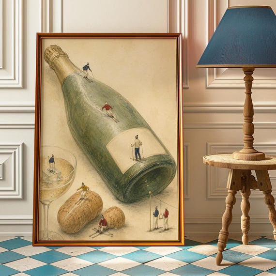 Surreal Ski Champagne Poster Framed Wall Art Vintage Watercolor Print Aprs Lodge Decor Skier Gift Alpine