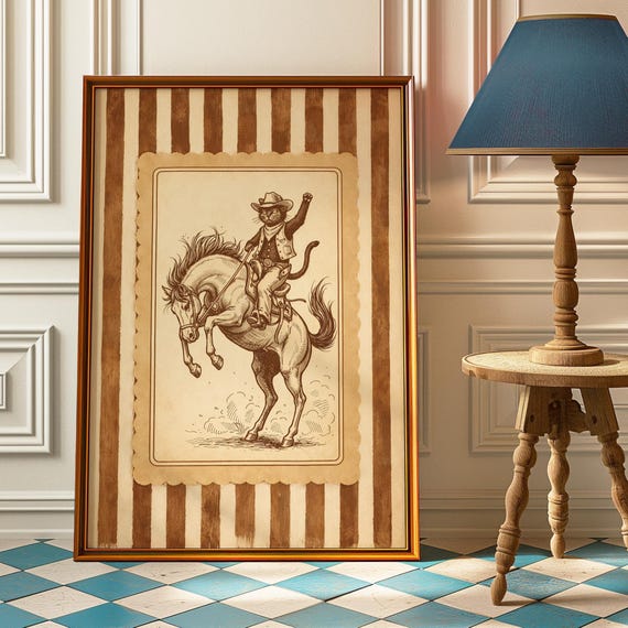 Cowboy Cat Rodeo Poster Bucking Bronco Wall Art Funny Western Print Vintage Ranch Decor