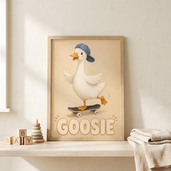 Goosie Goose Skateboard Nursery Poster Cute Duck Riding Kids Fun Decor