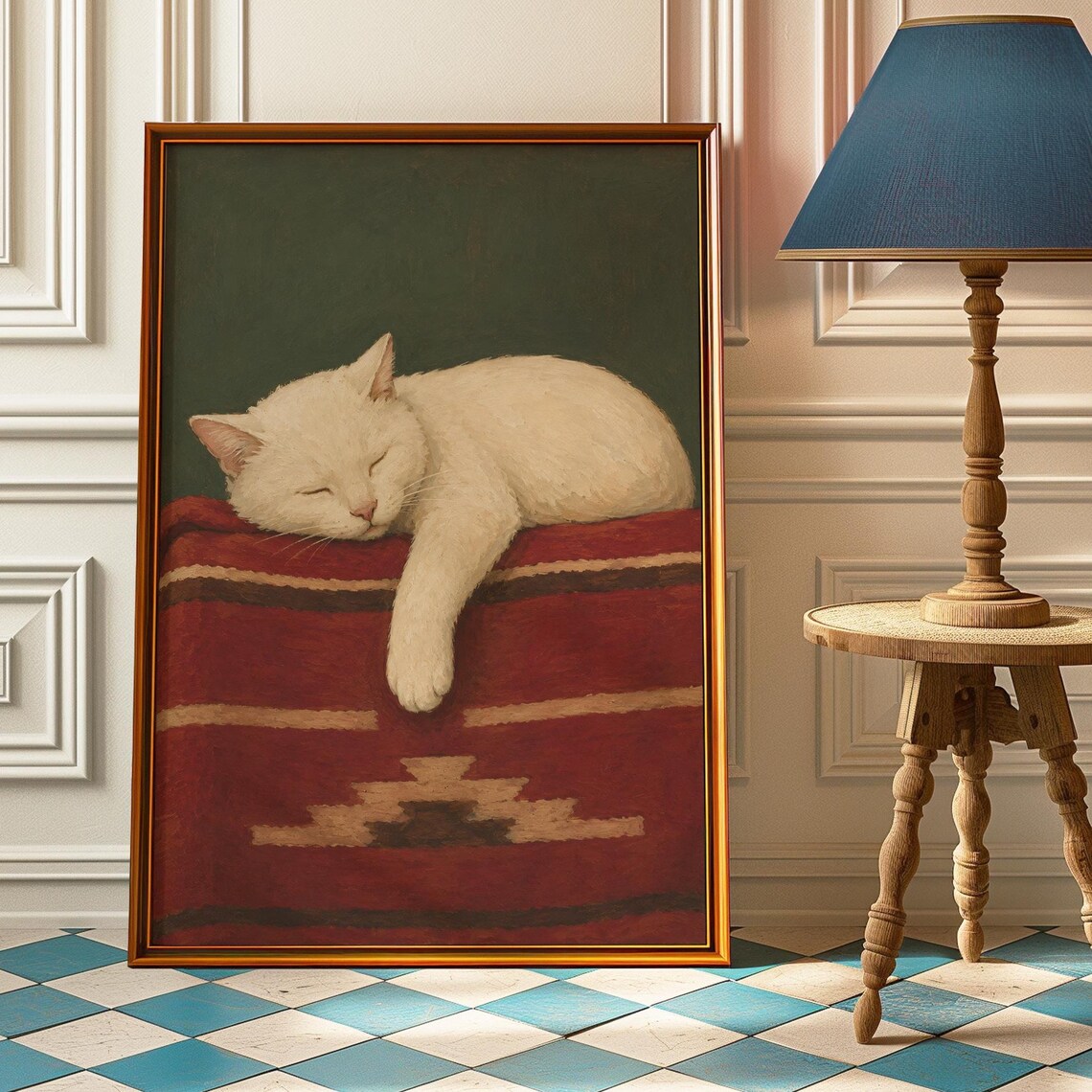 Sleeping White Cat Vintage Aztec Blanket Poster