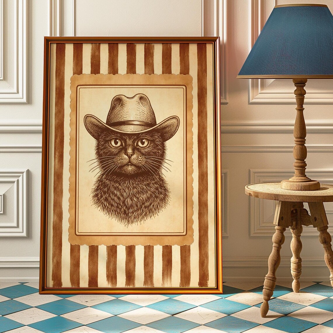 Black Cat Cowboy Hat Vintage Sepia Portrait Western Animal Poster