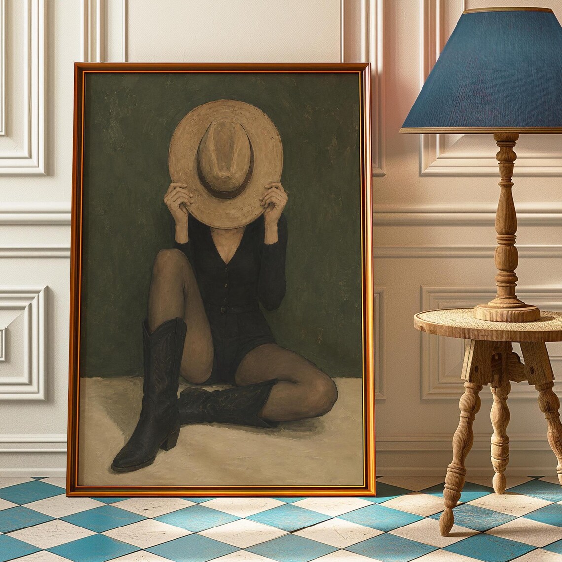 Modern Cowgirl Hat Portrait Poster Western Boho Fashion Wall Decor