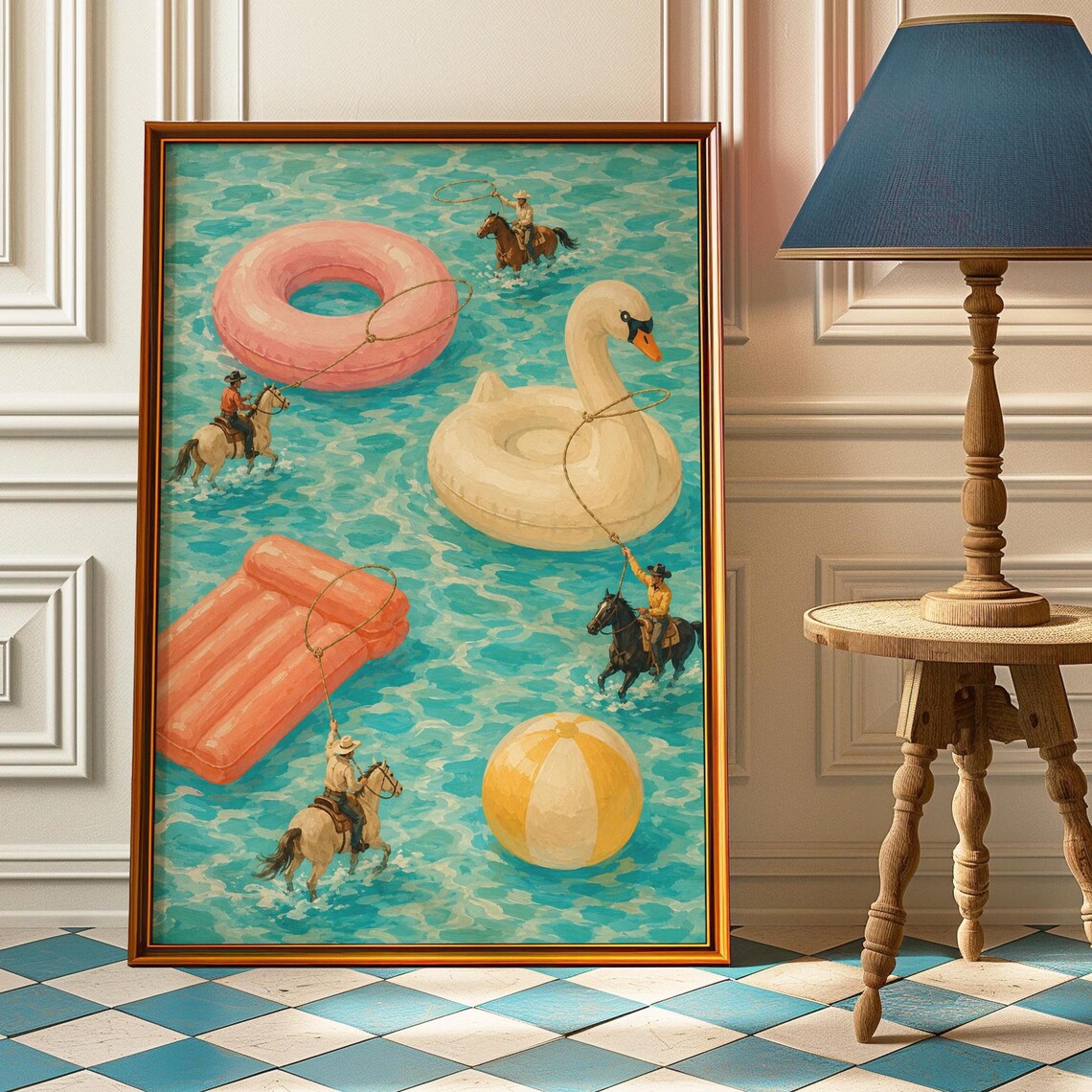Cowboys Roping Pool Floats Turquoise Western Summer Art Poster