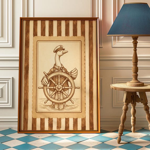 Captain Goose Poster Sea Wall Art Vintage Nautical Ship Wheel Print Coastal Bathroom Decor