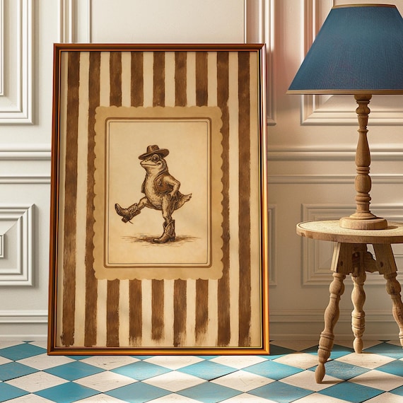 Whimsical Dancing Cowboy Frog Poster Vintage Western Funny Animal Wall Art Retro Rustic Silly Decor For Home Or Gift Quirky Print