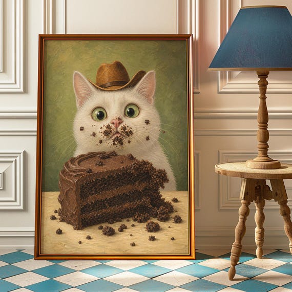 Cowboy Cat Cake Poster Funny Kitchen Wall Art Chocolate Print Whimsical Painting Quirky Decor Lover Gift