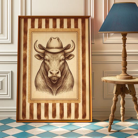 Cowboy Bull Poster Western Longhorn Wall Art Vintage Portrait Print Rustic Texas Ranch Decor