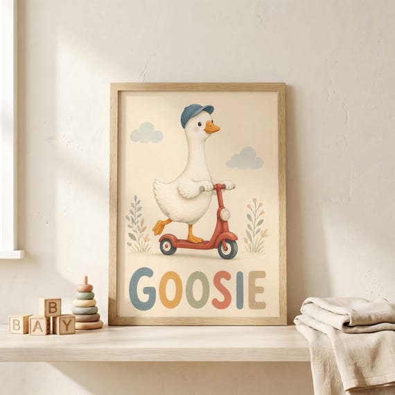 Personalized Duck Scooter Nursery Poster Custom Name Kids Wall Art Print