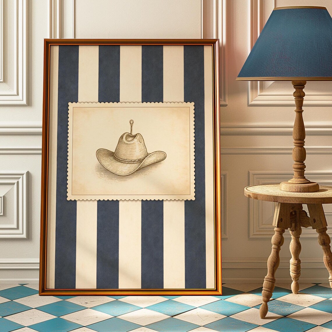Vintage Hanging Cowboy Hat Poster, Rustic Decor